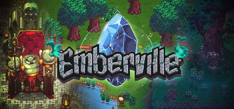 Official Emberville Steam header art showing the protagonist in a ruined pixel-art city lit by warm torchlight.
