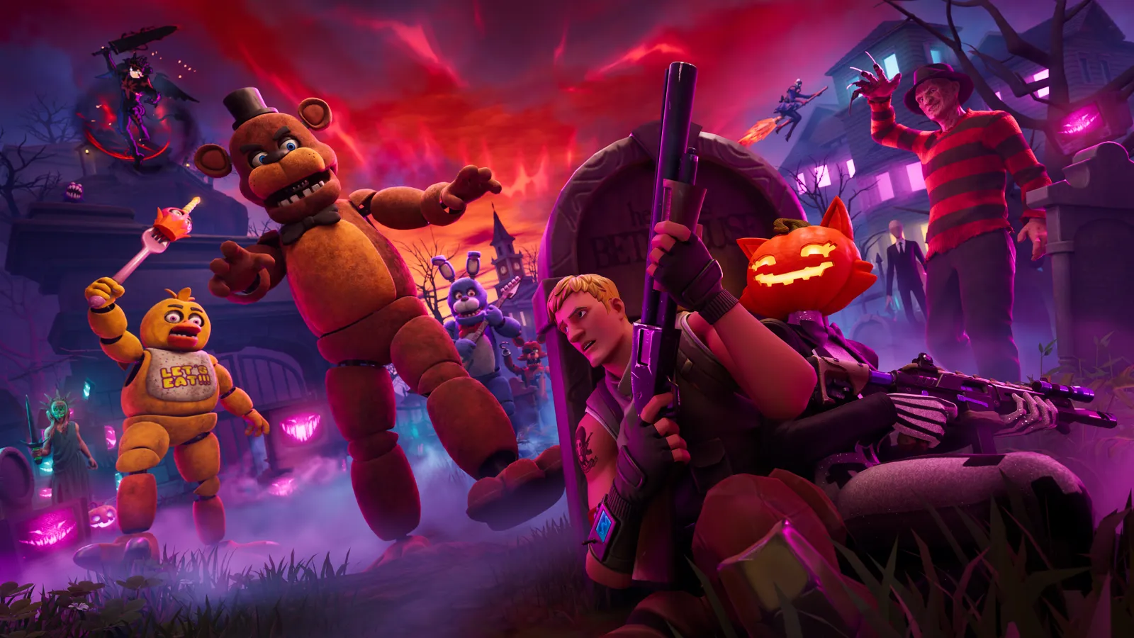 Official Fortnite Halloween key art with Five Nights at Freddy's animatronics and Fortnite characters among graves and haunted houses