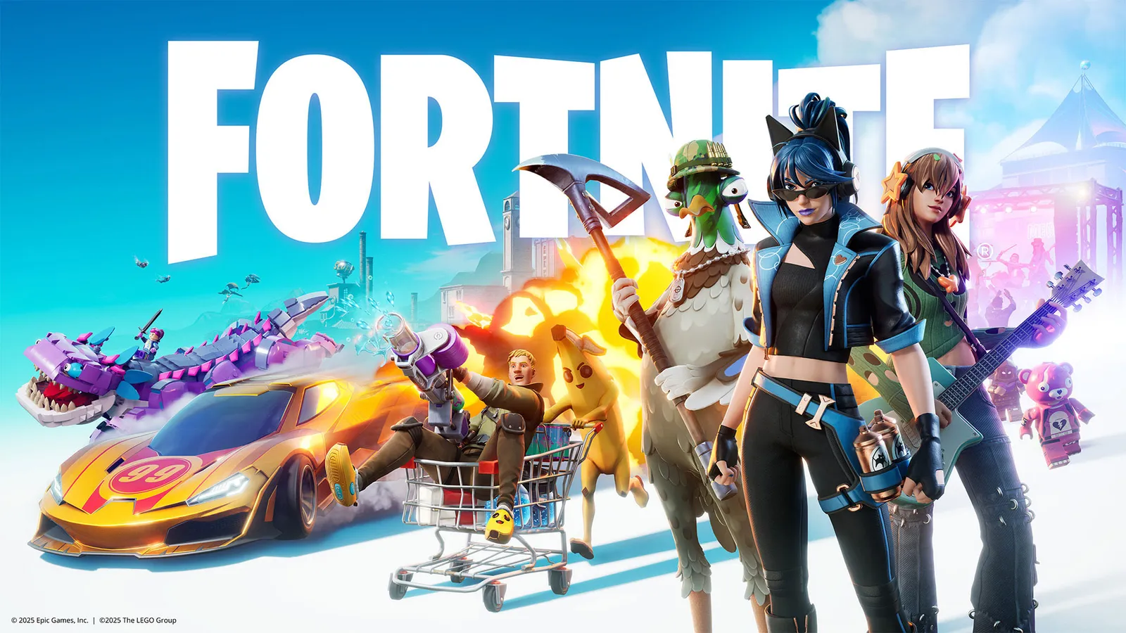 Official Fortnite key art with the Fortnite logo, a LEGO dragon, a yellow sports car, a shopping cart rider and several skins in front of a festival stage