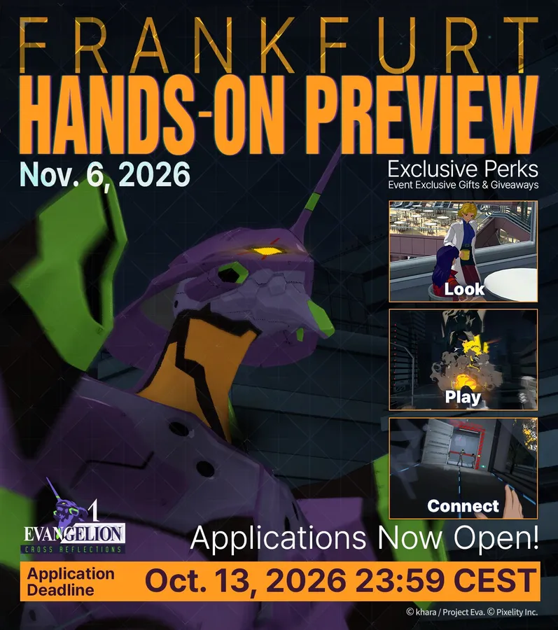 Frankfurt hands-on preview poster for Evangelion Delta Cross Reflections showing an Eva unit and three gameplay stills