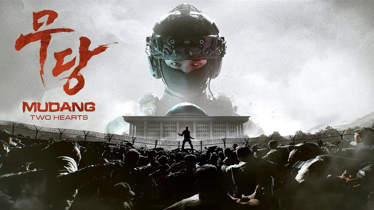 MUDANG: Two Hearts official reveal trailer key art showing the masked protagonist in front of a crowd