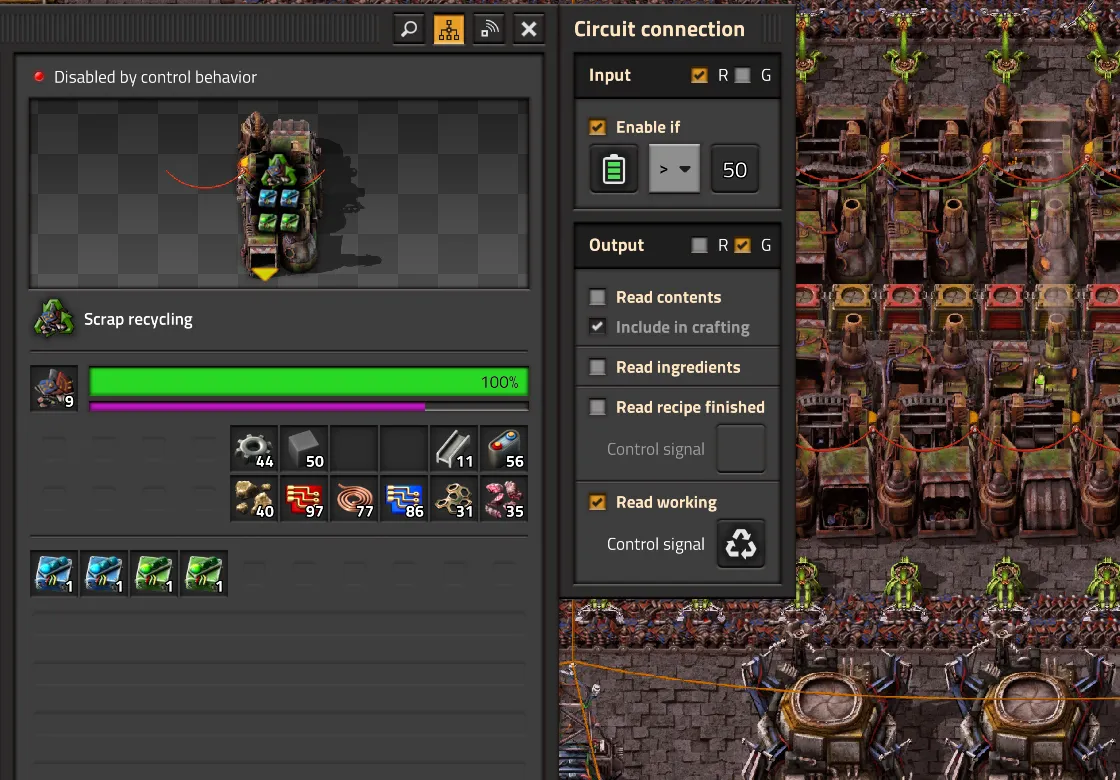 Factorio assembling machine with the new circuit Input and Output wire color split