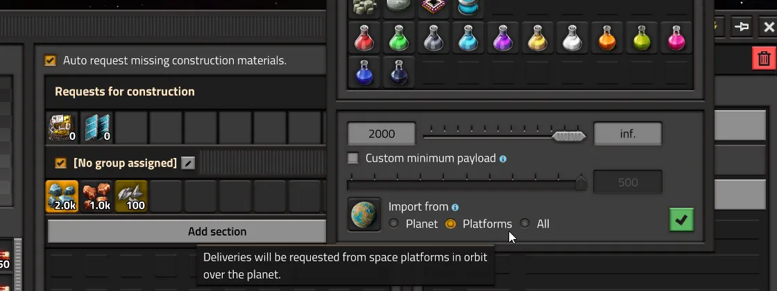 Factorio space platform import from platforms interface showing items requested from other platforms in orbit