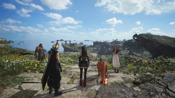 Final Fantasy VII Rebirth screenshot showing gameplay on the open world map with Cloud