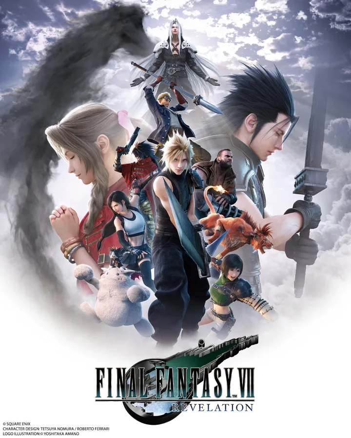 Final Fantasy VII Revelation official key art showing Cloud, Tifa, Barret, and the full party with Sephiroth looming above