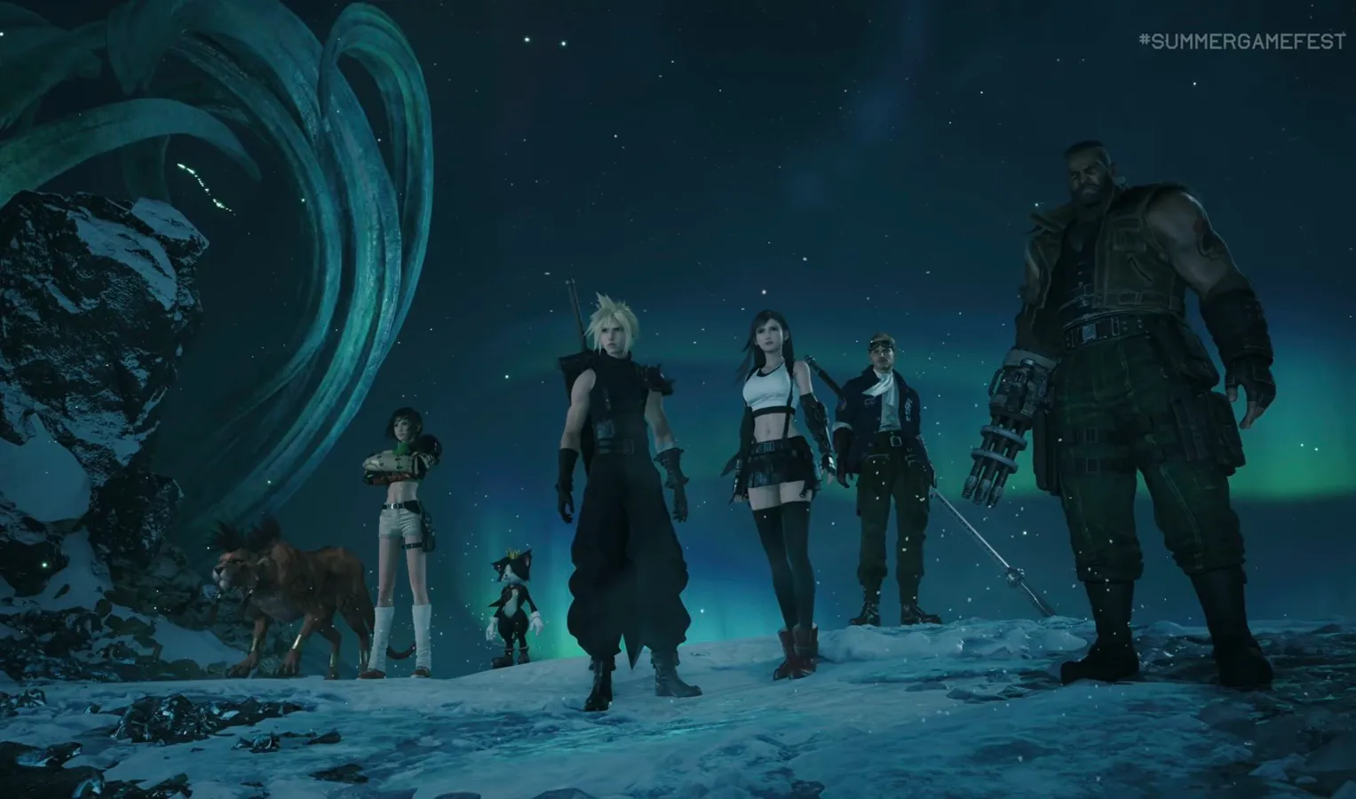 Final Fantasy VII Revelation trailer screenshot showing the party in a dramatic battle scene