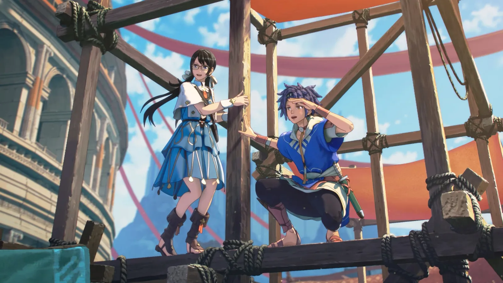 Fire Emblem Fortune's Weave key art showing the four heroes of the Heroic Games tournament in Dagsion