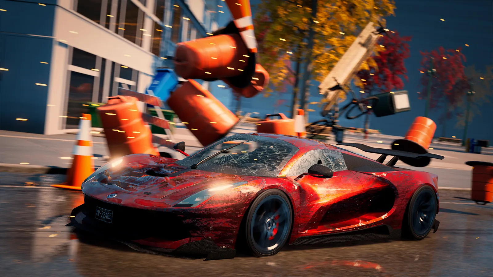 Wreckreation 2 gameplay screenshot showing cars racing through a Heartbreak City street