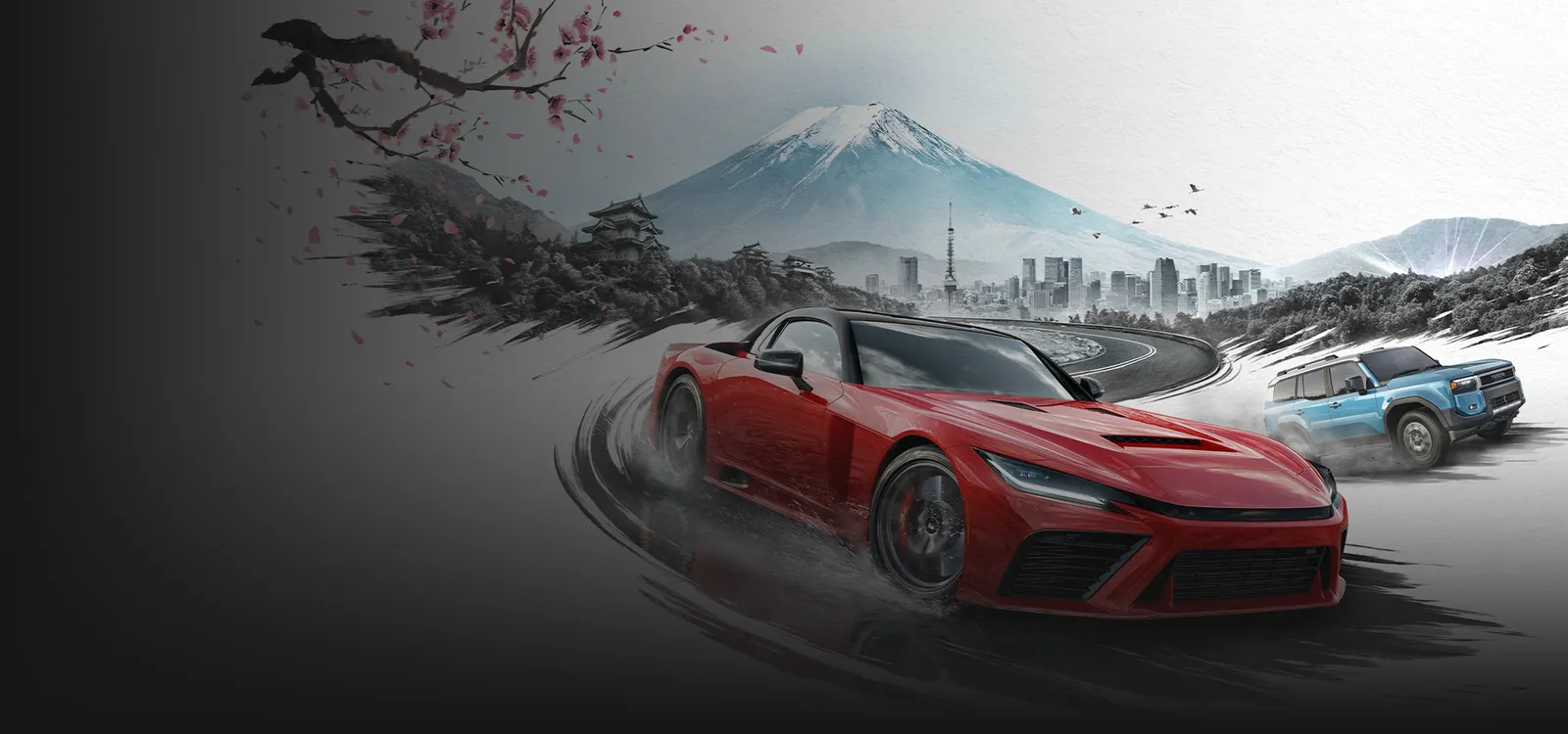 Forza Horizon 6 official key art showing a red and blue race car on a Japanese corner with Mt Fuji in the background.