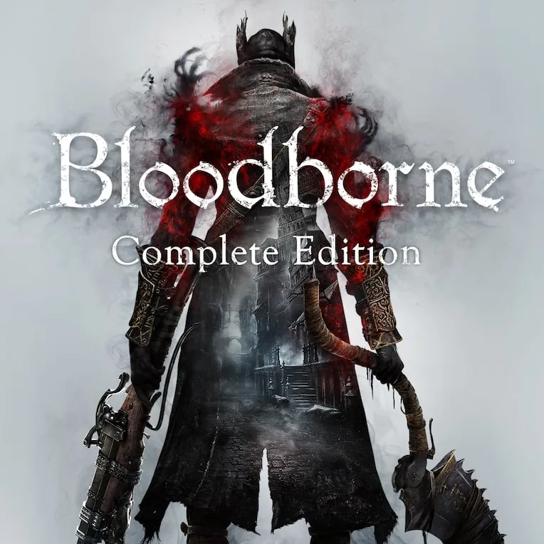 Bloodborne complete edition box art from the PlayStation store with the hunter silhouette and crimson moon.