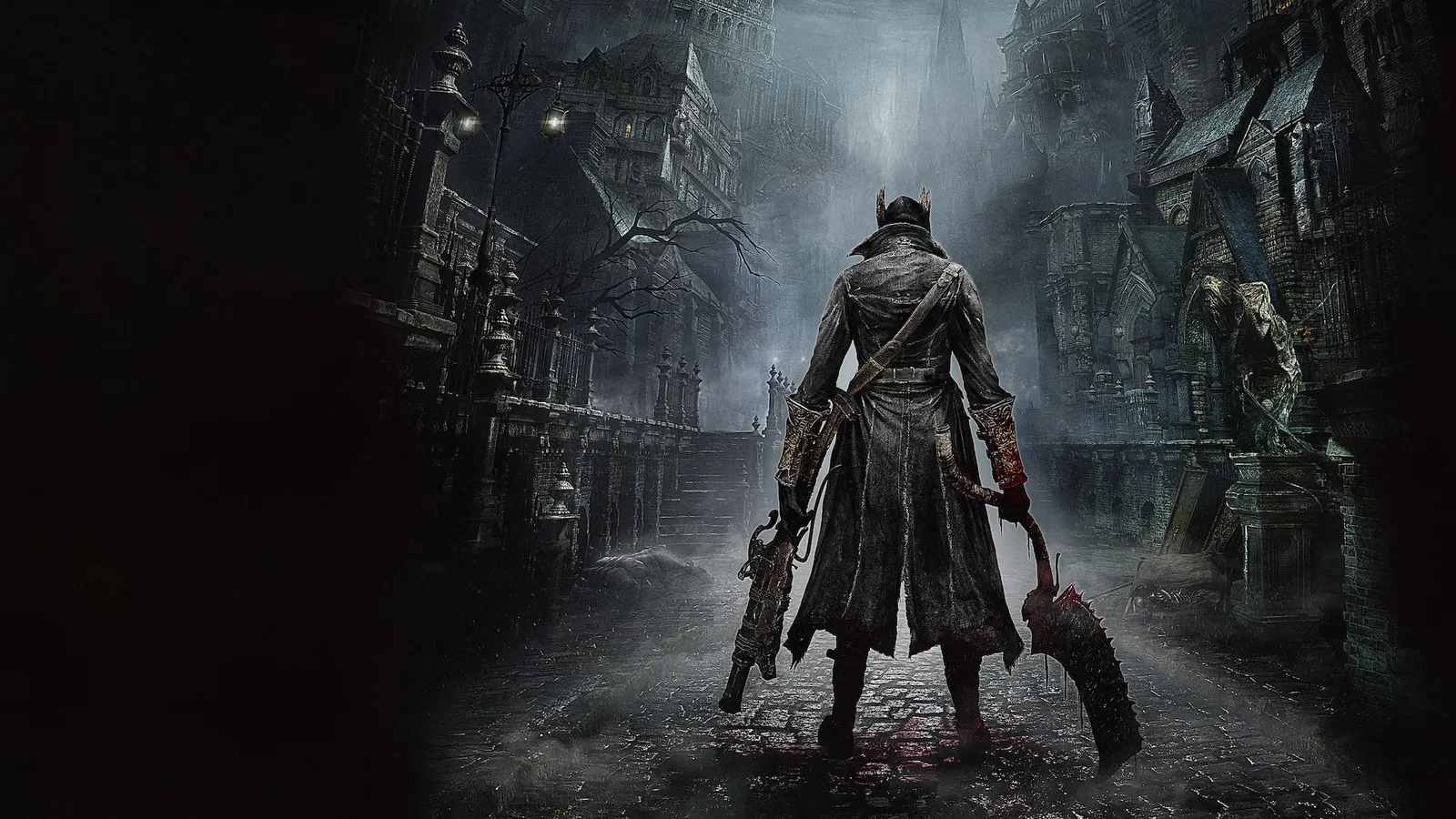 Official Bloodborne key art banner showing the hunter against a fog-shrouded Yharnam skyline from PlayStation.