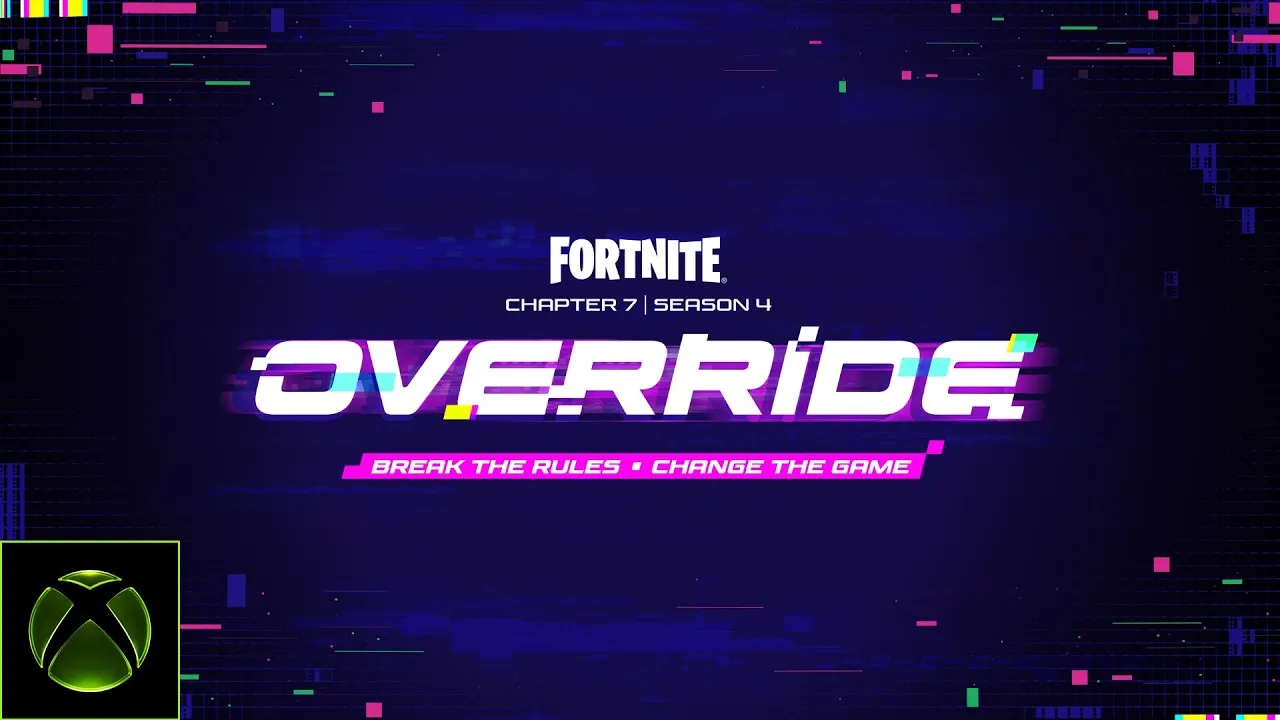 Fortnite Chapter 7 Season 4 Override gameplay trailer thumbnail with hero poses and corrupted island imagery