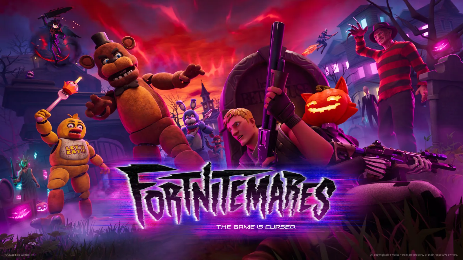 Official Fortnitemares key art from the Fortnite account showing the Five Nights at Freddy's animatronics among the event's pumpkins and monsters