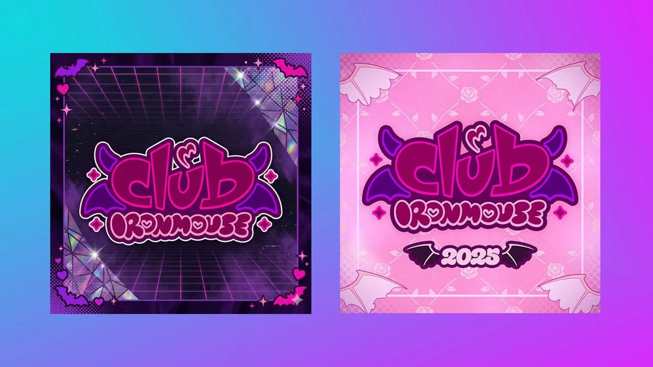 Two Club Ironmouse cover designs side by side, one dark purple with a neon grid and one pink with bat wings
