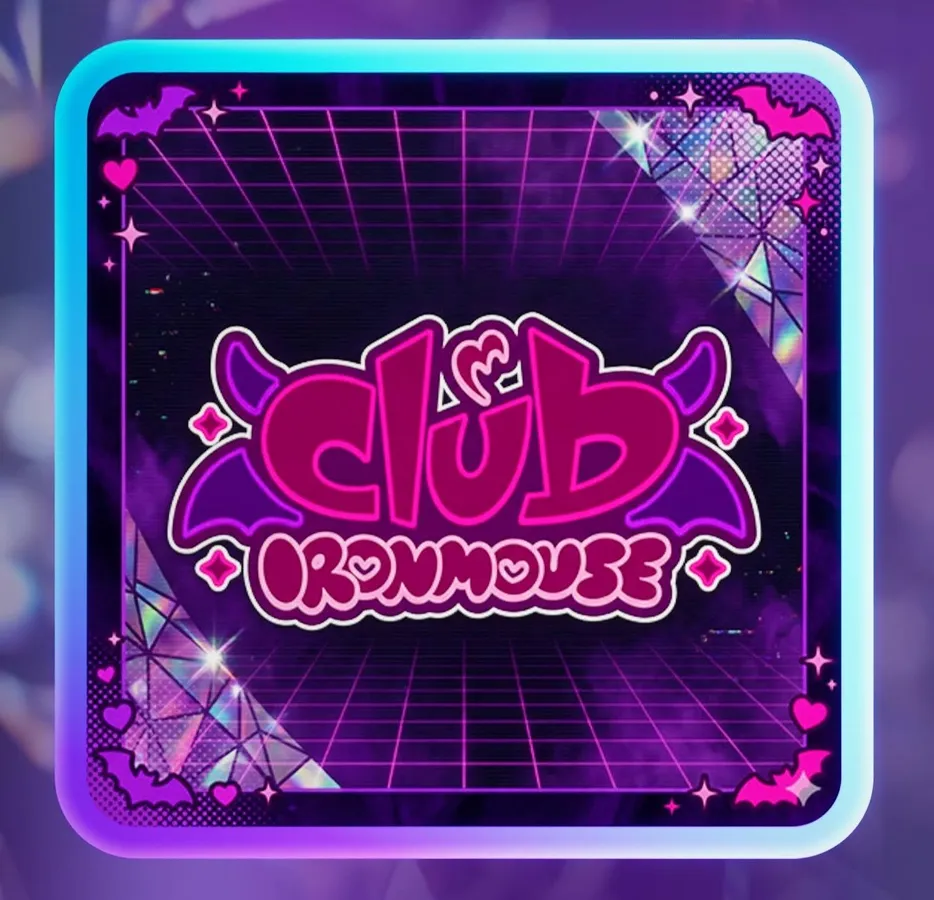 Club Ironmouse jam track cover art in Fortnite Festival with a purple neon grid, bat motifs and sparkles