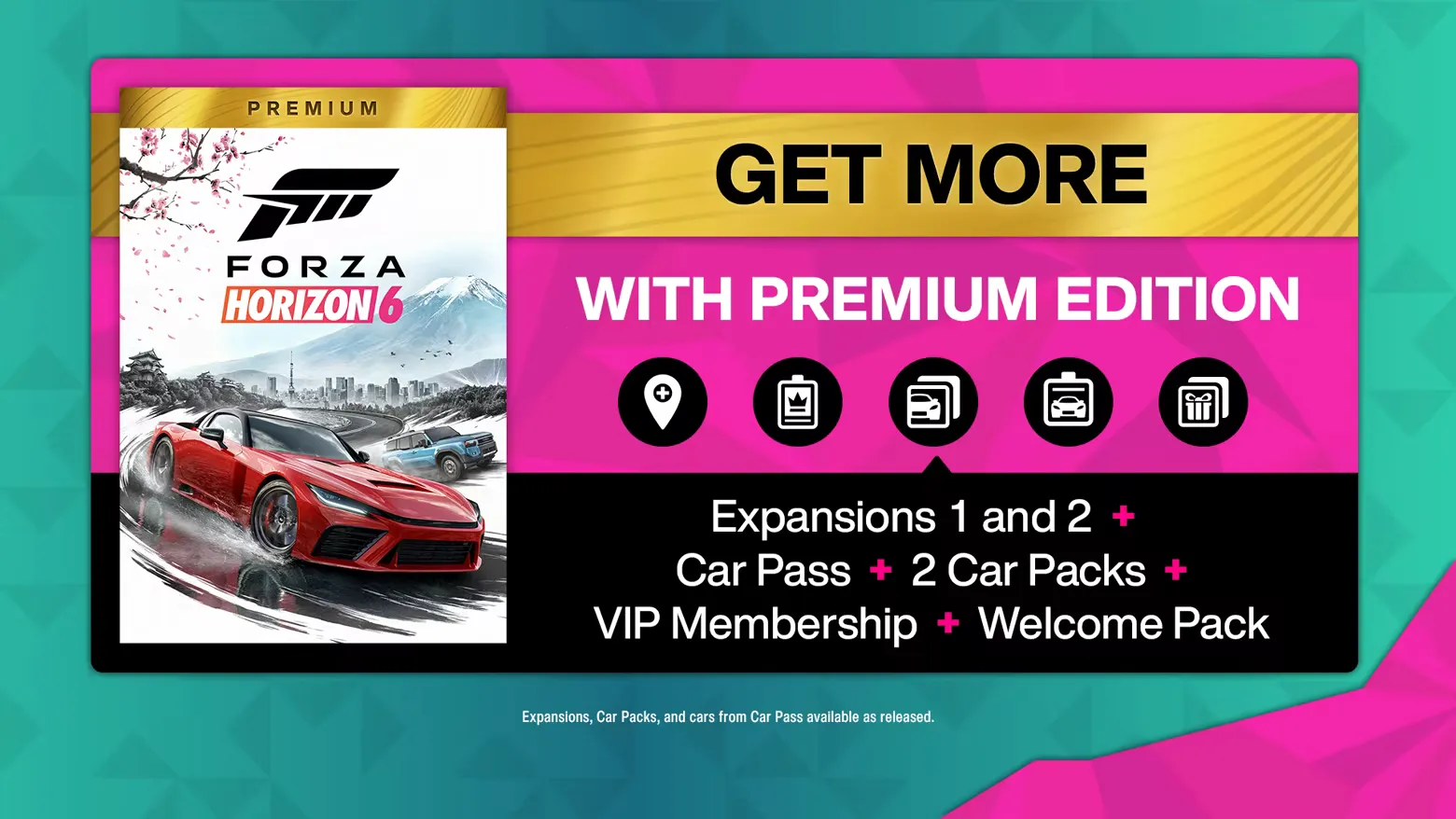 Forza Horizon 6 wide banner showing an open-world Japan highway at sunset