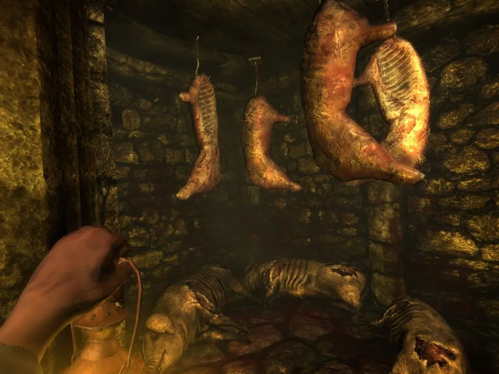 Grainy first-person view from inside a dark stone room with an inventory item on the floor