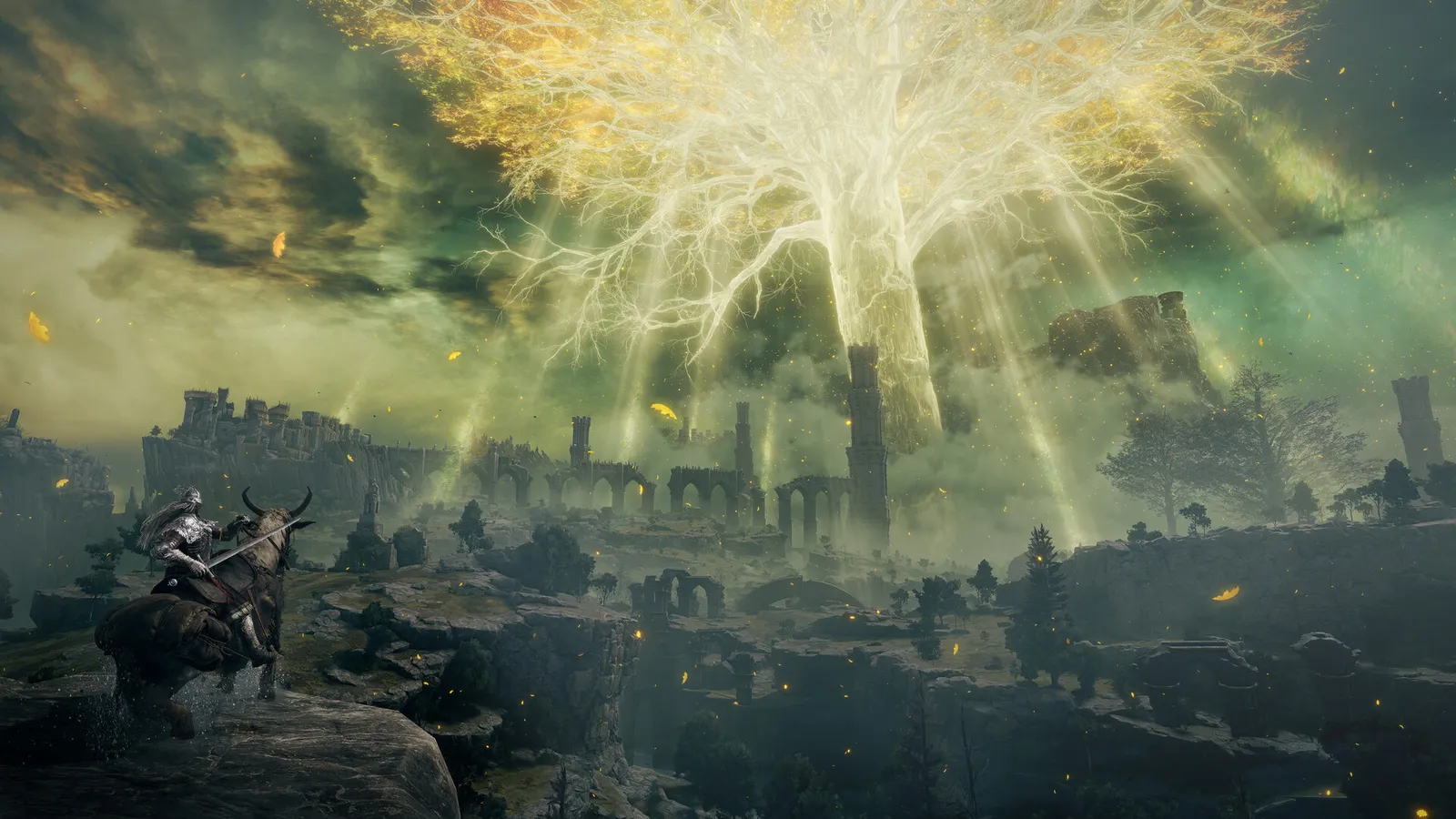 Elden Ring gameplay screenshot showing a Tarnished character exploring a ruined landscape