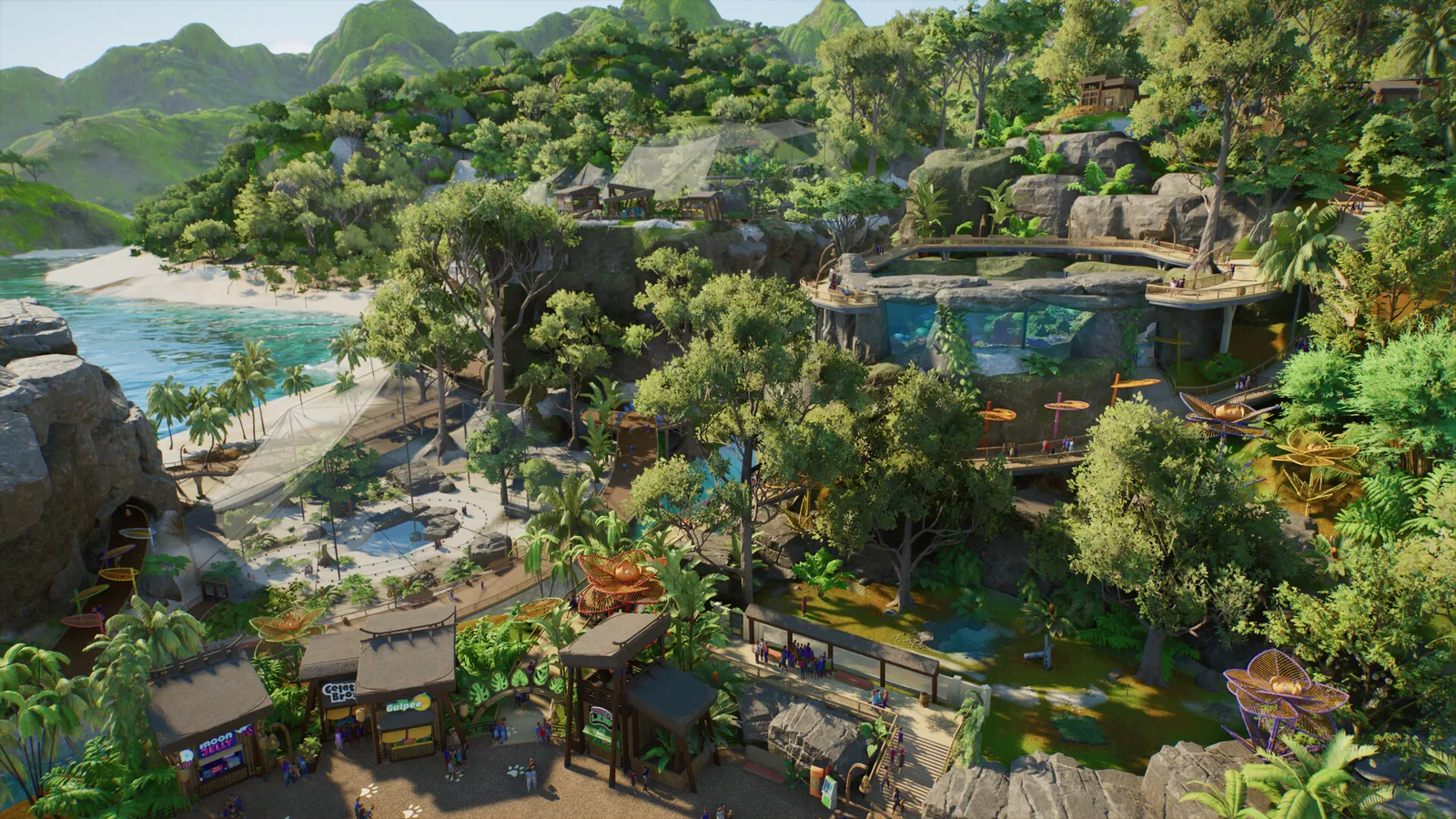 Planet Zoo 2 screenshot of an expanded zoo entrance plaza with retail and dining buildings