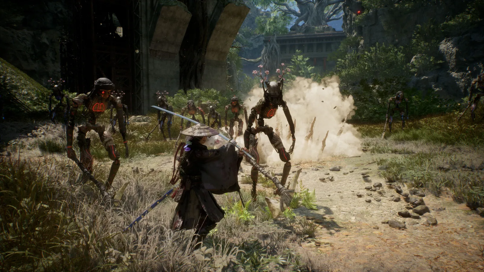 Hero character Emma of the Beast of Reincarnation game facing a beast in a forested landscape, in-game screenshot.