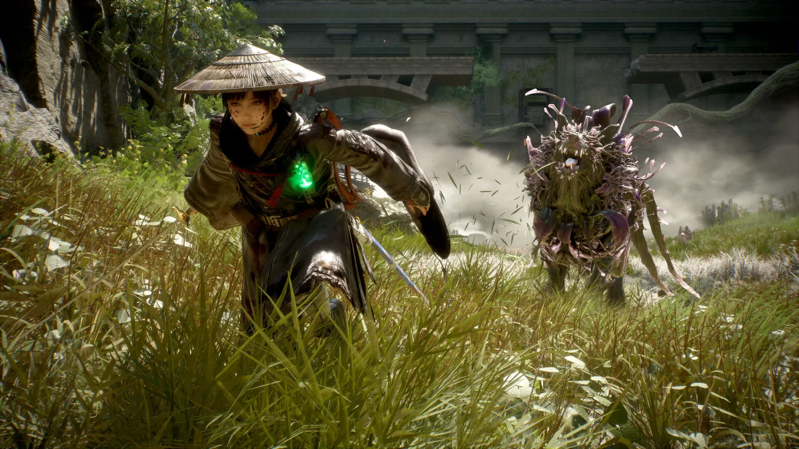 Beast of Reincarnation screenshot of protagonist Emma riding through a ruined post-apocalyptic Japanese village with her dog companion Koo.