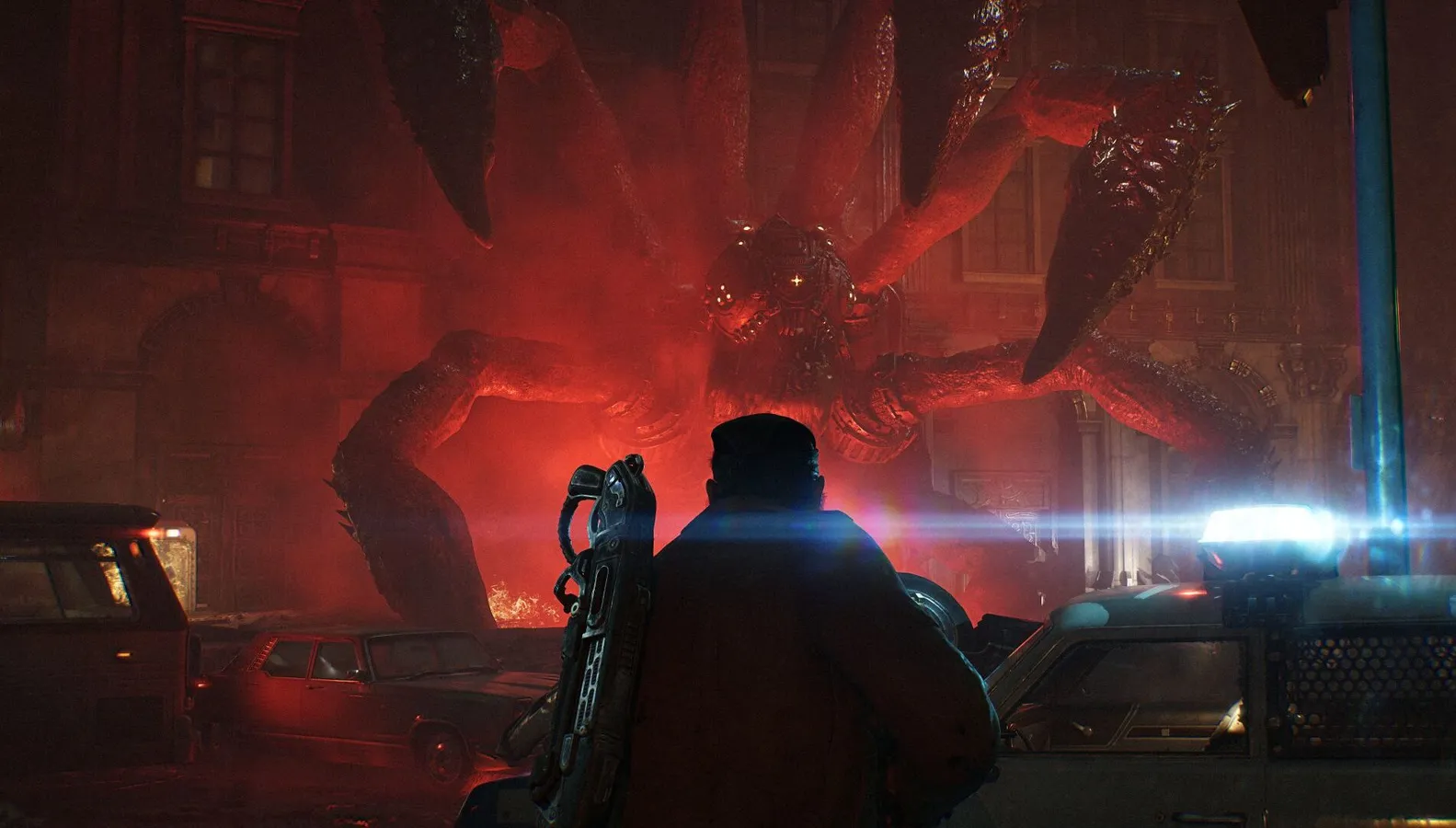 Marcus Fenix and Dom Santiago stand in the city of Kalona as the Locust emerge in Gears of War E-Day