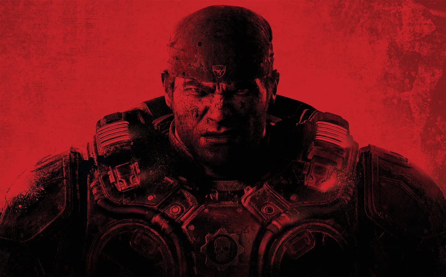 Battle-hardened Marcus Fenix featured art for Gears of War E-Day, lit by red emergency flare