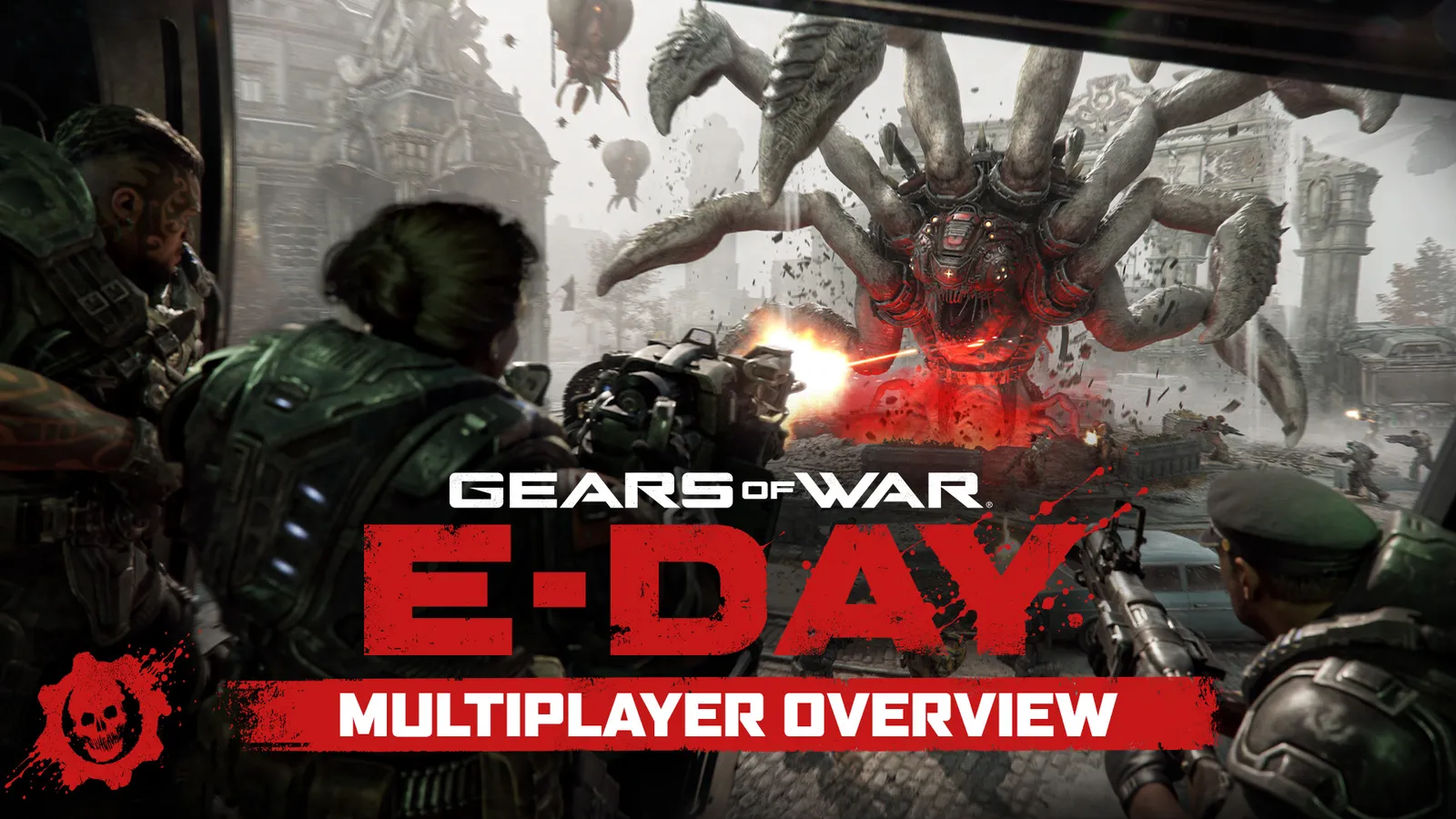 Gears of War E-Day multiplayer developer overview trailer thumbnail showing COG squad in cover
