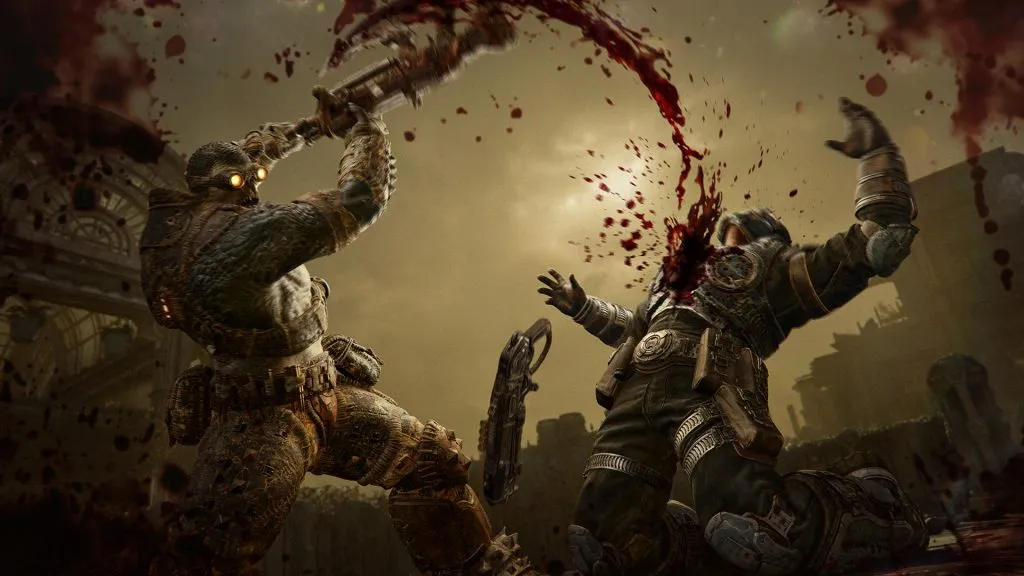 COG soldier driving a Breechshot drone finisher against a downed opponent in Versus combat