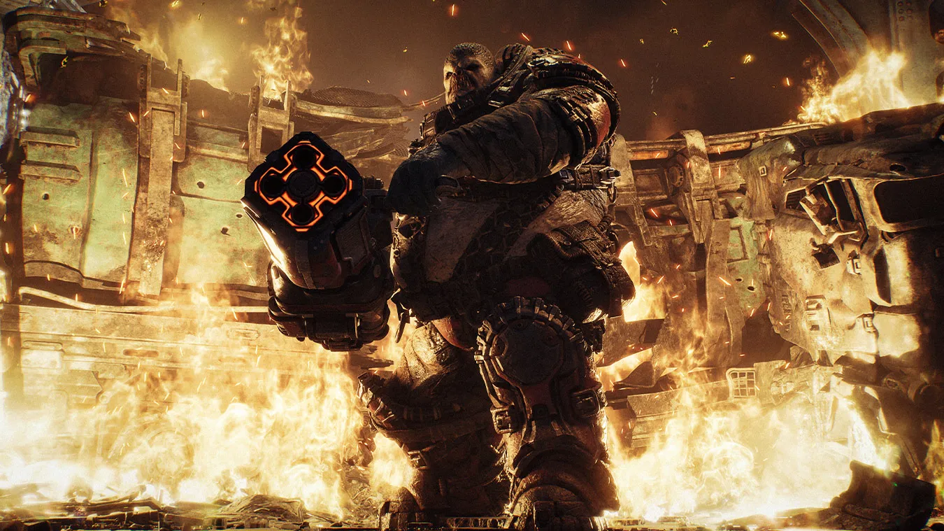 A Boomer Locust holding a large weapon with flames engulfing the ruins behind it in Gears of War: E-Day