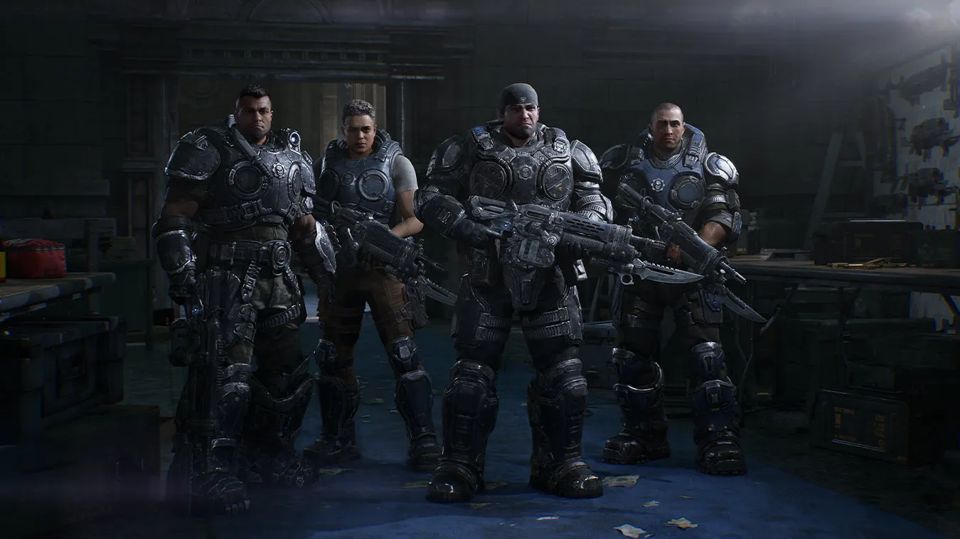 Four members of Bravo Squad, including Marcus and Dom, standing together in full gear in Gears of War: E-Day
