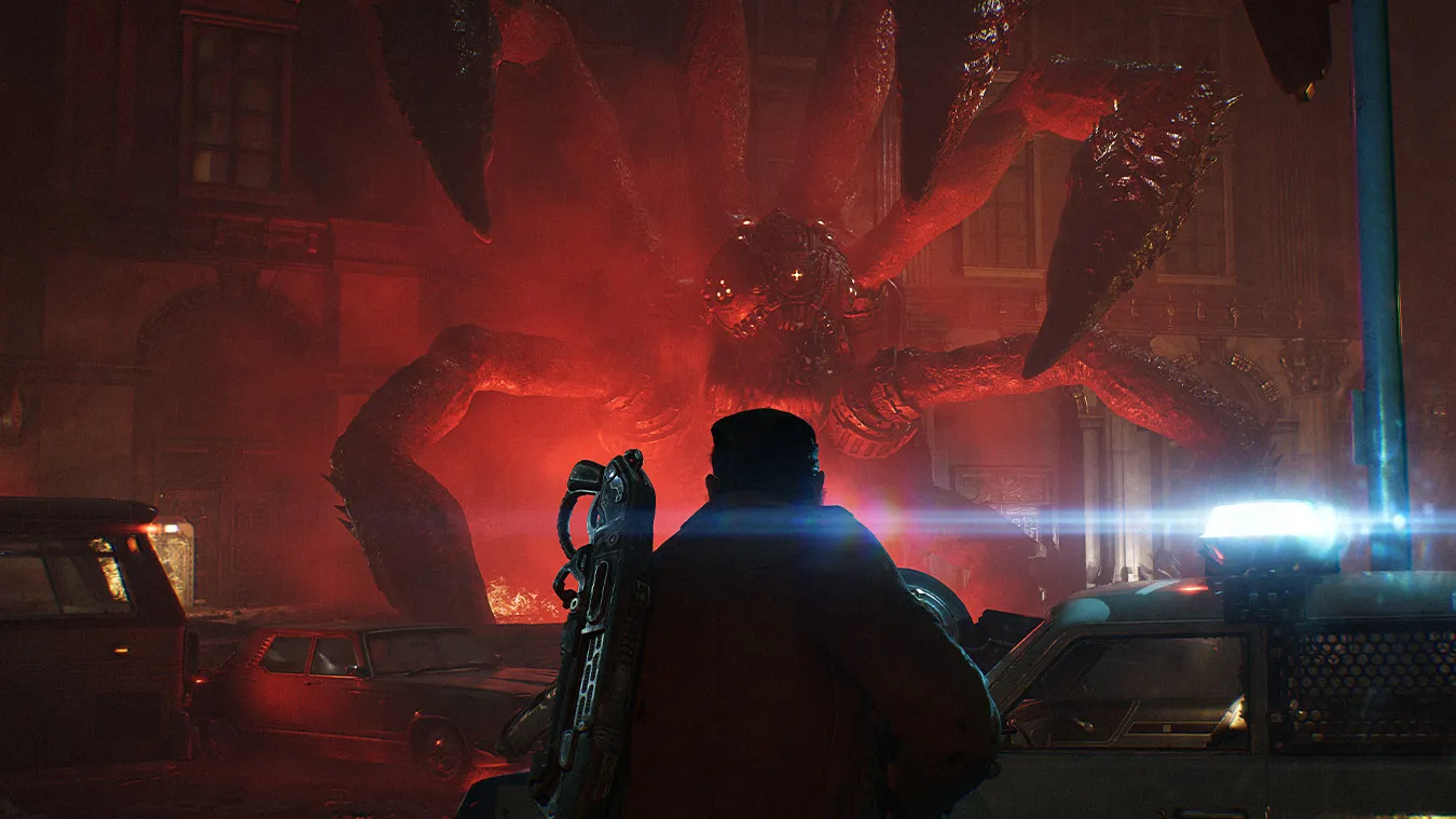 Marcus Fenix faces a giant Locust creature on Emergence Day in Gears of War: E-Day