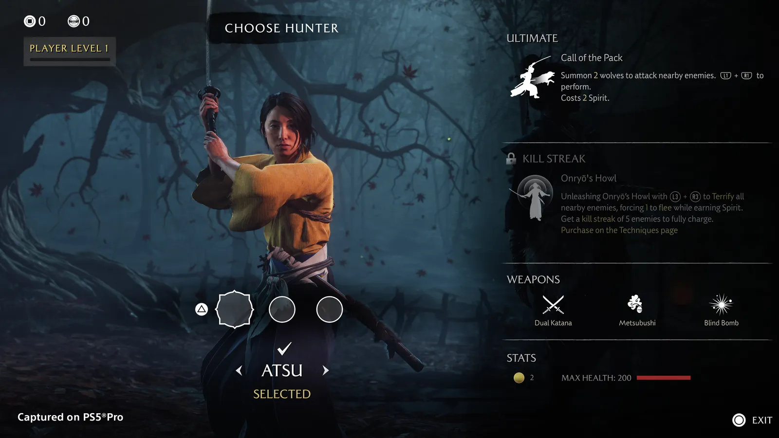 Atsu wielding dual katana with the Call of the Pack ultimate summoning two wolves in the Most Wanted roguelike mode