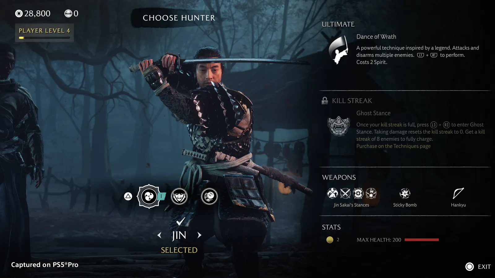 Jin Sakai back in his four Ghost of Tsushima stances for the Ghost of Yotei Most Wanted roguelike mode