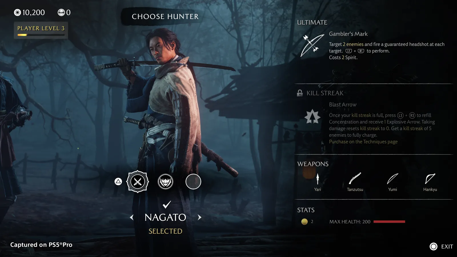 Nagato in combat using a yari, tanzutsu pistol, and yumi longbow with the Gambler's Mark ultimate