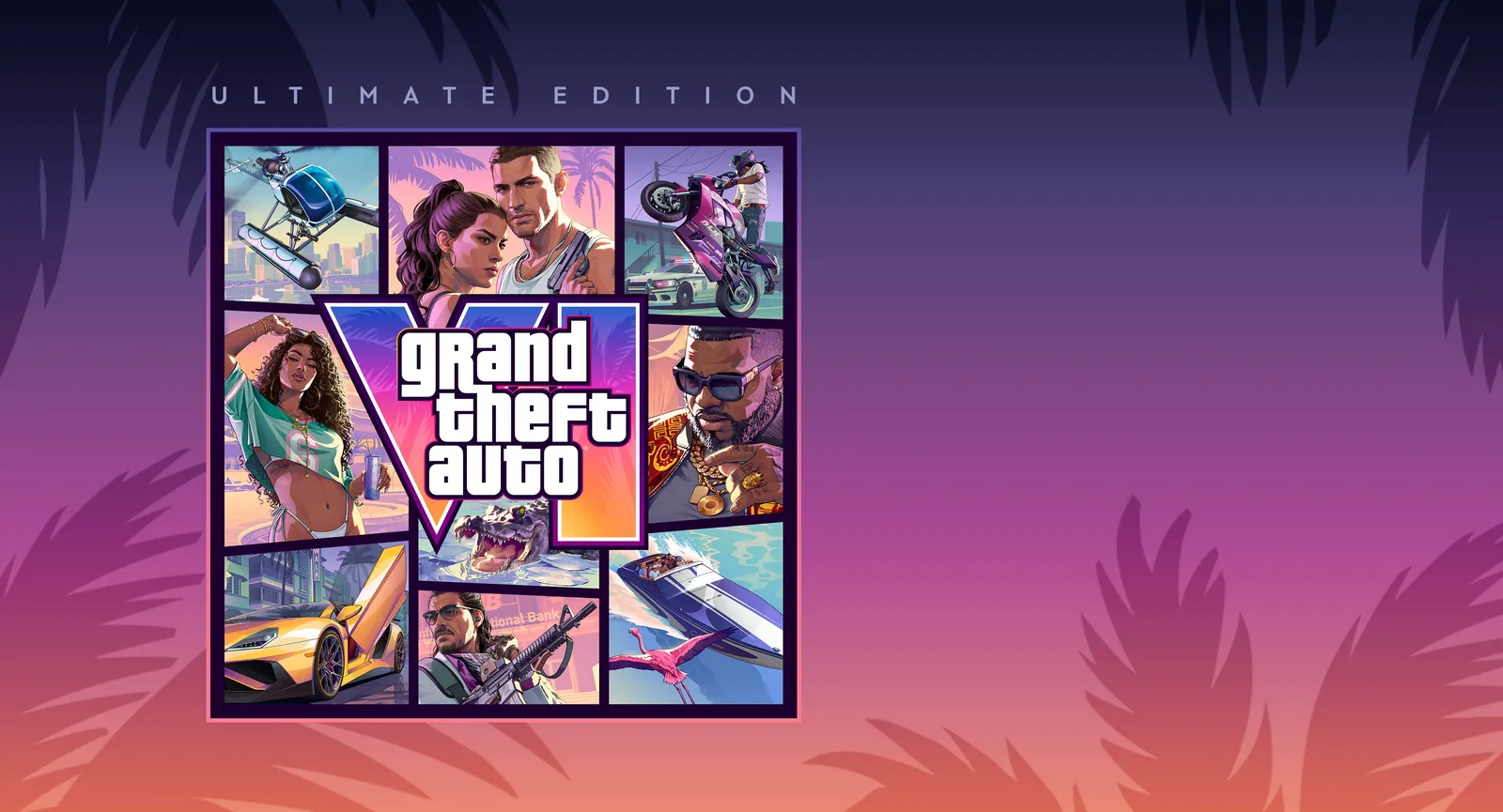 GTA 6 Ultimate Edition art showing Jason and Lucia with the Vice City skyline