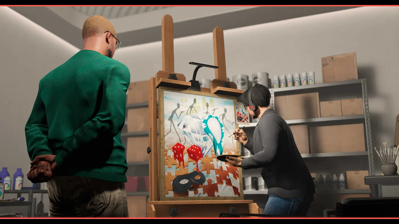 GTA Online character watching a counterfeiter paint forgeries on canvas inside the new Art Studio property expansion