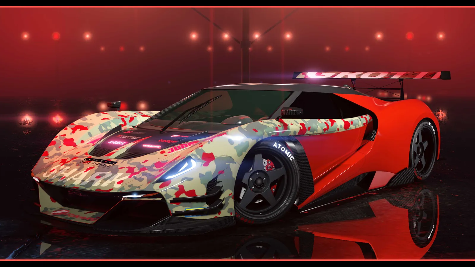 Grotti Veleno GT supercar on a glossy red-lit podium, the new vehicle arriving with The Kortz Center Heist update on July 14