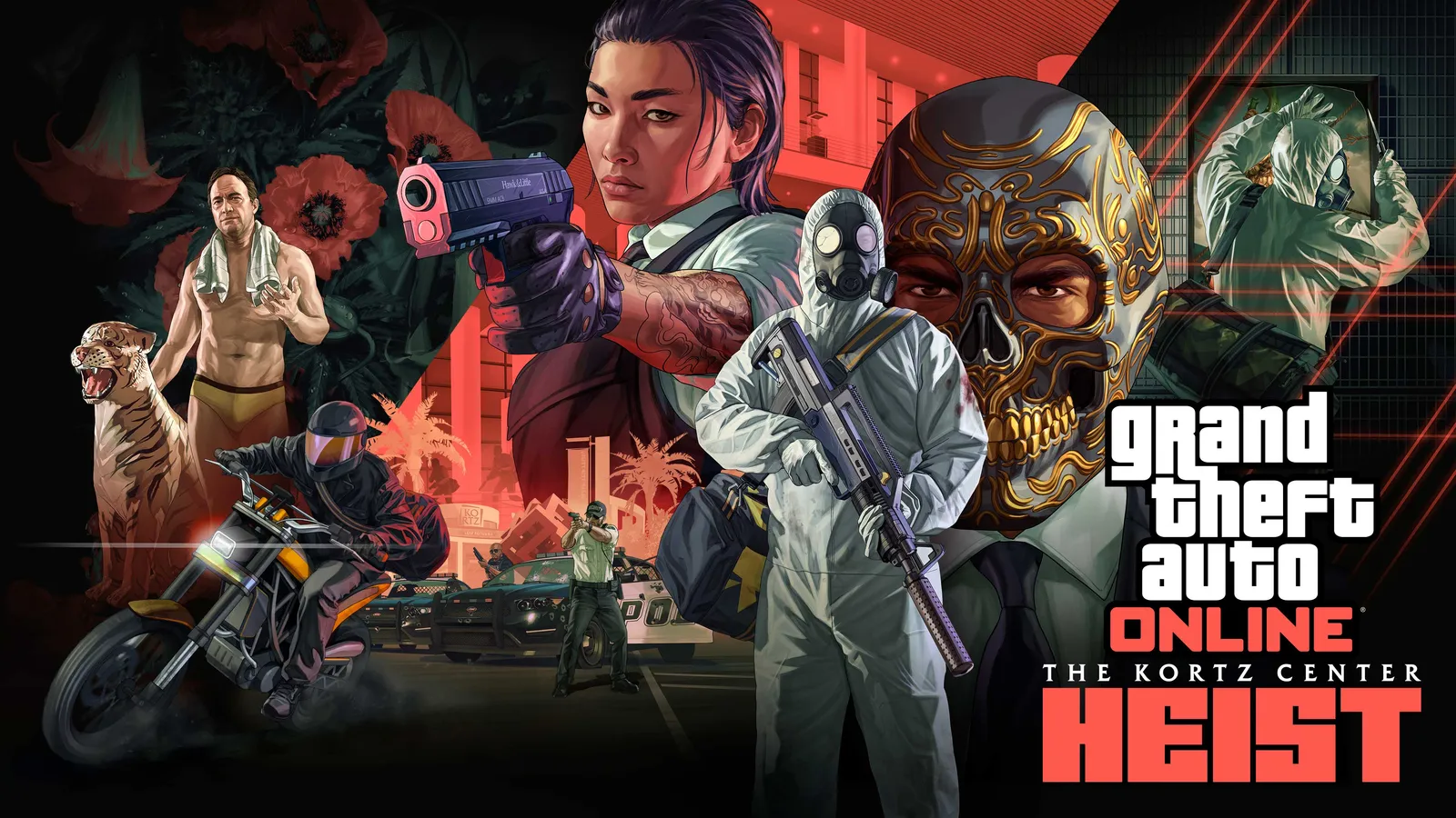 The Kortz Center Heist GTA Online promotional poster featuring Mr. Faber alongside a tiger statue, a motorcyclist fleeing police, and characters in tactical gear stealing artwork