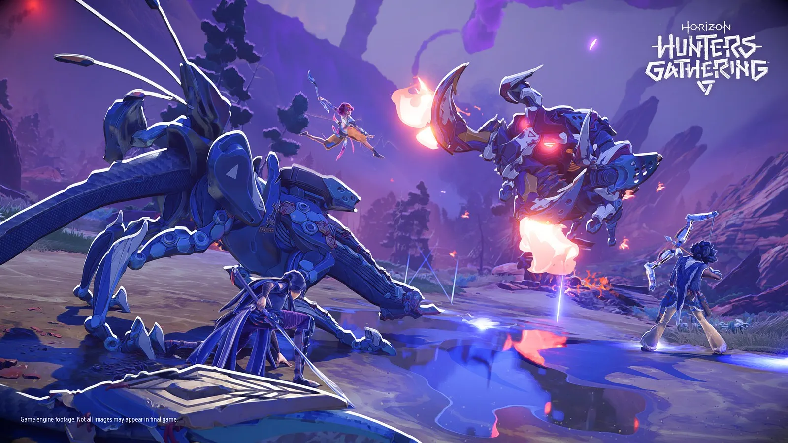 A Hunter in Horizon Hunters Gathering aiming a bow at a Stalker machine in the wilds