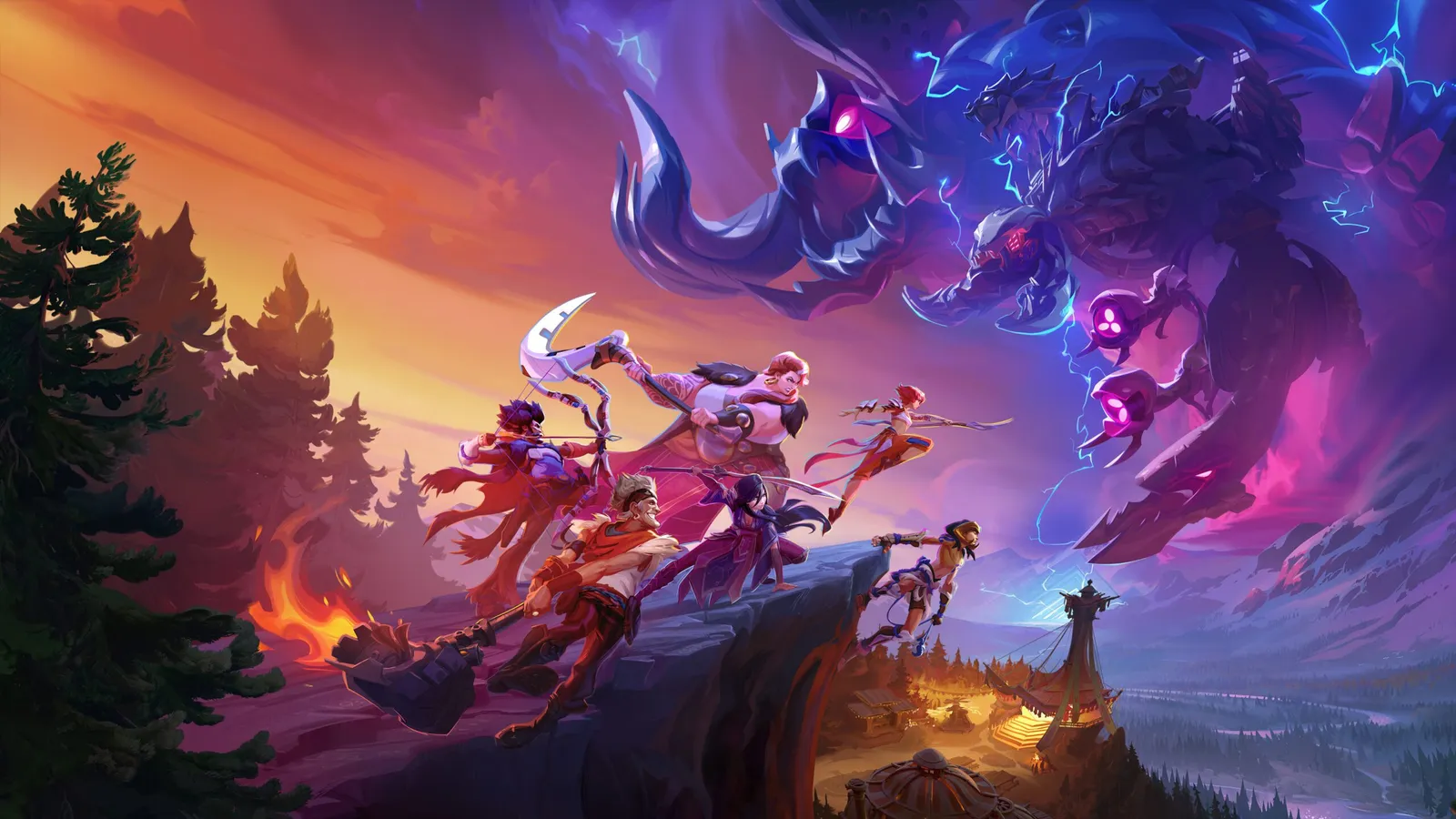 Official reveal art for Horizon Hunters Gathering showing three Hunters standing together in a dusty desert ruin