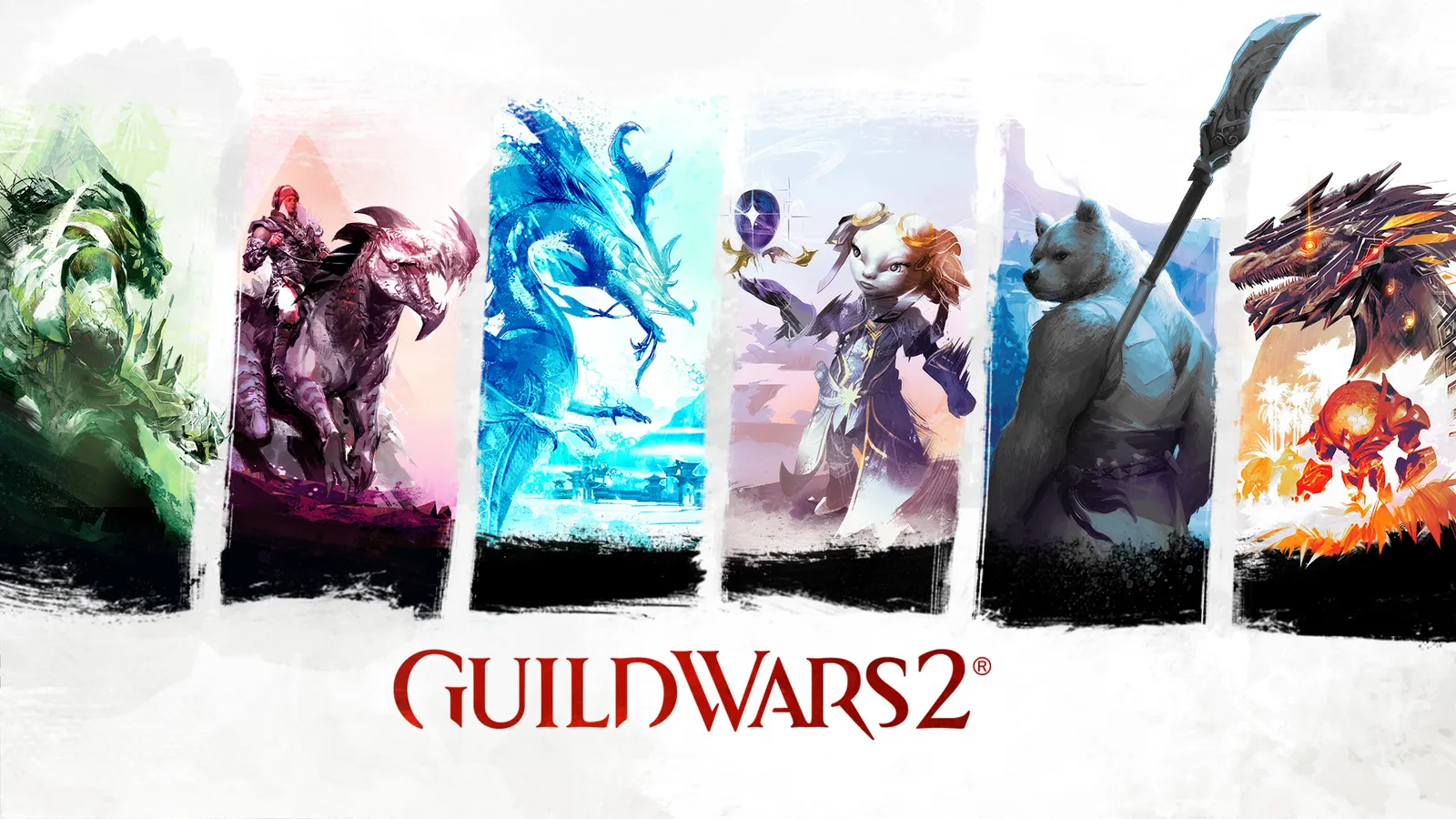 Official key art lineup of all six Guild Wars 2 expansions shown side by side