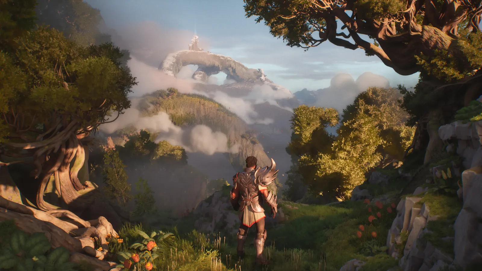 Guild Wars 3 alpha gameplay screenshot featuring a character exploring a vast open world environment