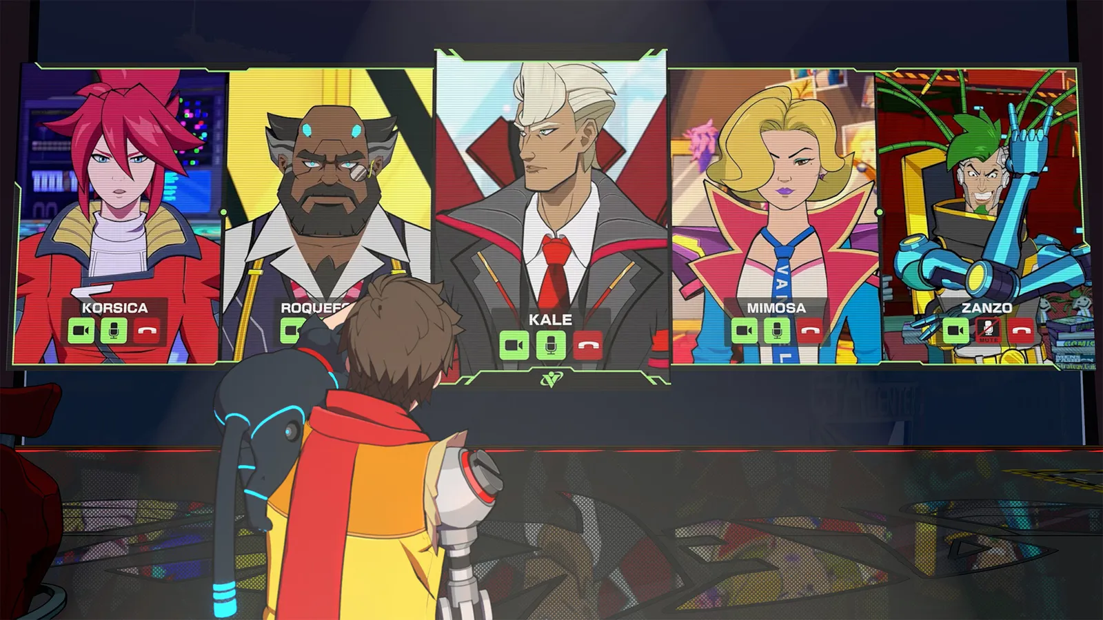 Chai and crew in a colorful industrial stage with rhythm UI overlay