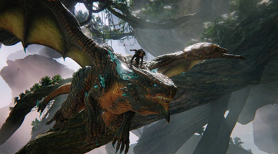 Drew and his dragon companion Thuban face off against enemies in Scalebound concept art from Xbox Wire