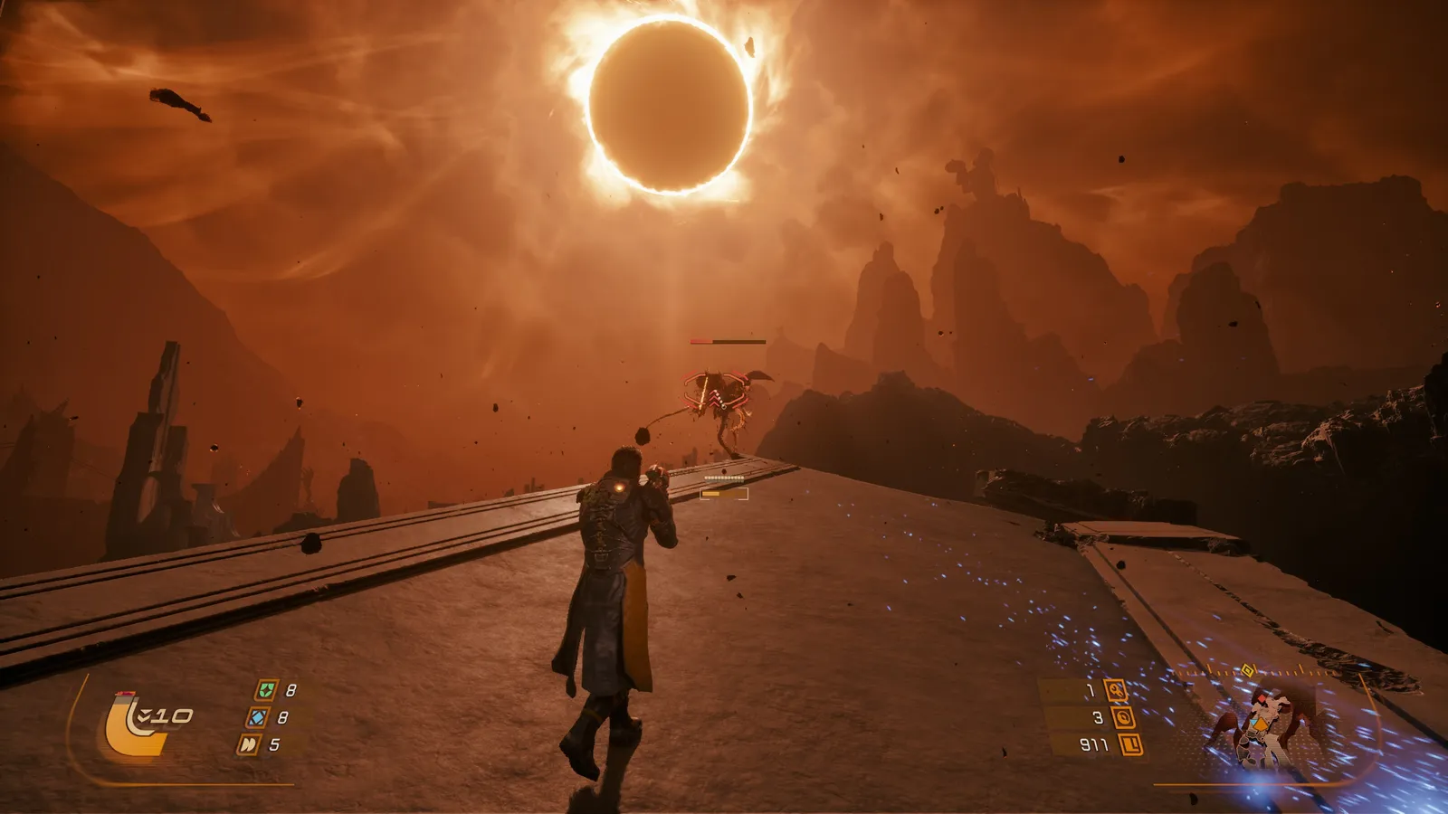 Saros gameplay still showing Soltari enforcer Arjun Devraj in cinematic bullet-hell combat on a corrupted alien world.