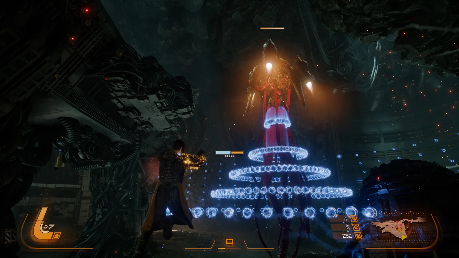 Saros boss fight image of an Eclipse-corrupted enemy mid-action, muzzle flash and particle effects visible.