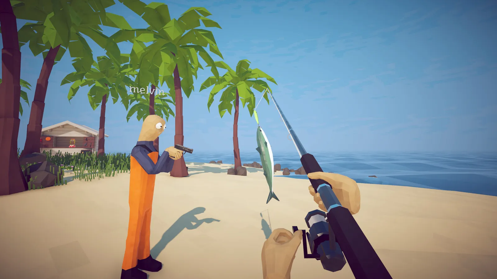 First person view holding a fishing rod with a heavy fish on the line, water splashing in a cartoon tropical harbor