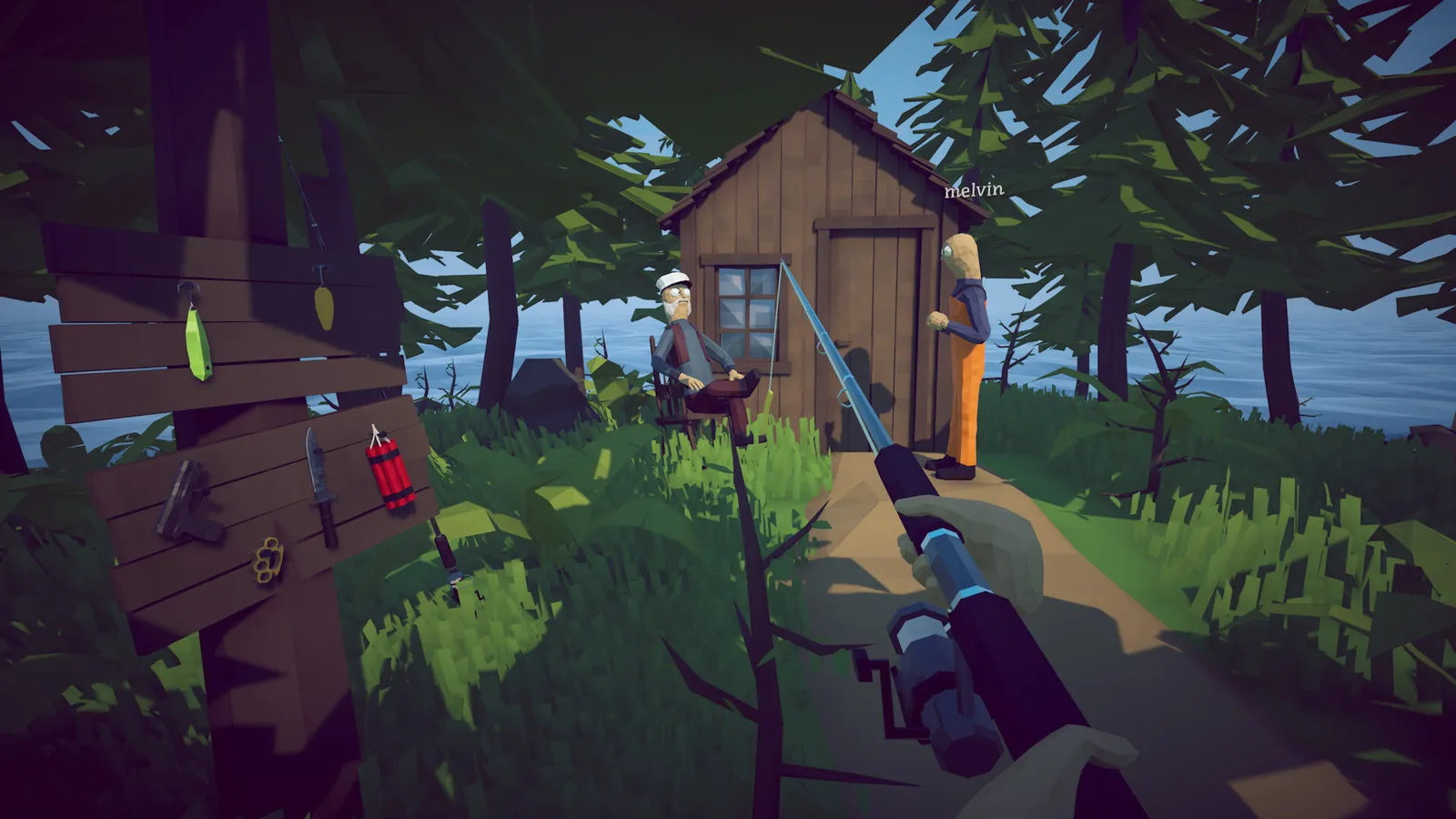 Four player co-op fishing session on a small wooden boat, with one player mid cast and another reeling in a fish under cartoon lighting