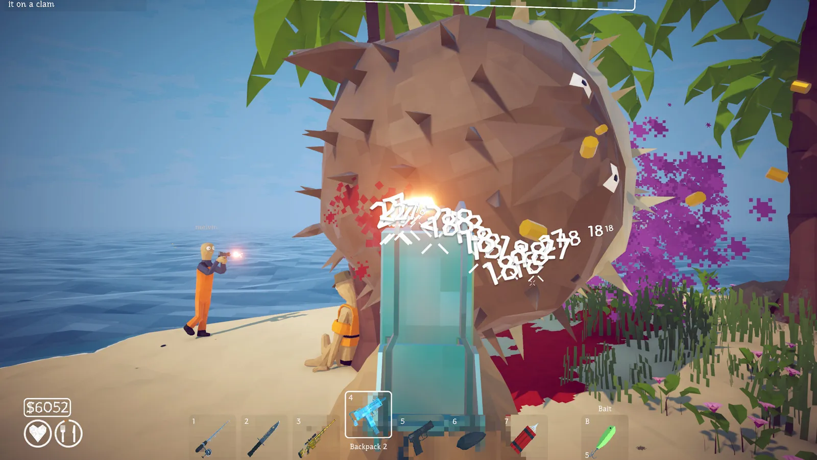 Player character firing a mac11 submachine gun at fish swimming in shallow water, bullets creating a visible spray pattern